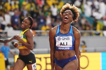 All smiles! Nia Ali takes the 100m hurdles title at the IAAF World Championships Doha 2019 (Getty Images)