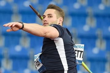Johannes Vetter contests the javelin at the Golden Spike in Ostrava (AFP / Getty Images)