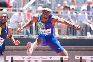 Rai Benjamin on his way to winning the 400m hurdles at the IAAF Diamond League meeting in Stanford (Victah Sailer)