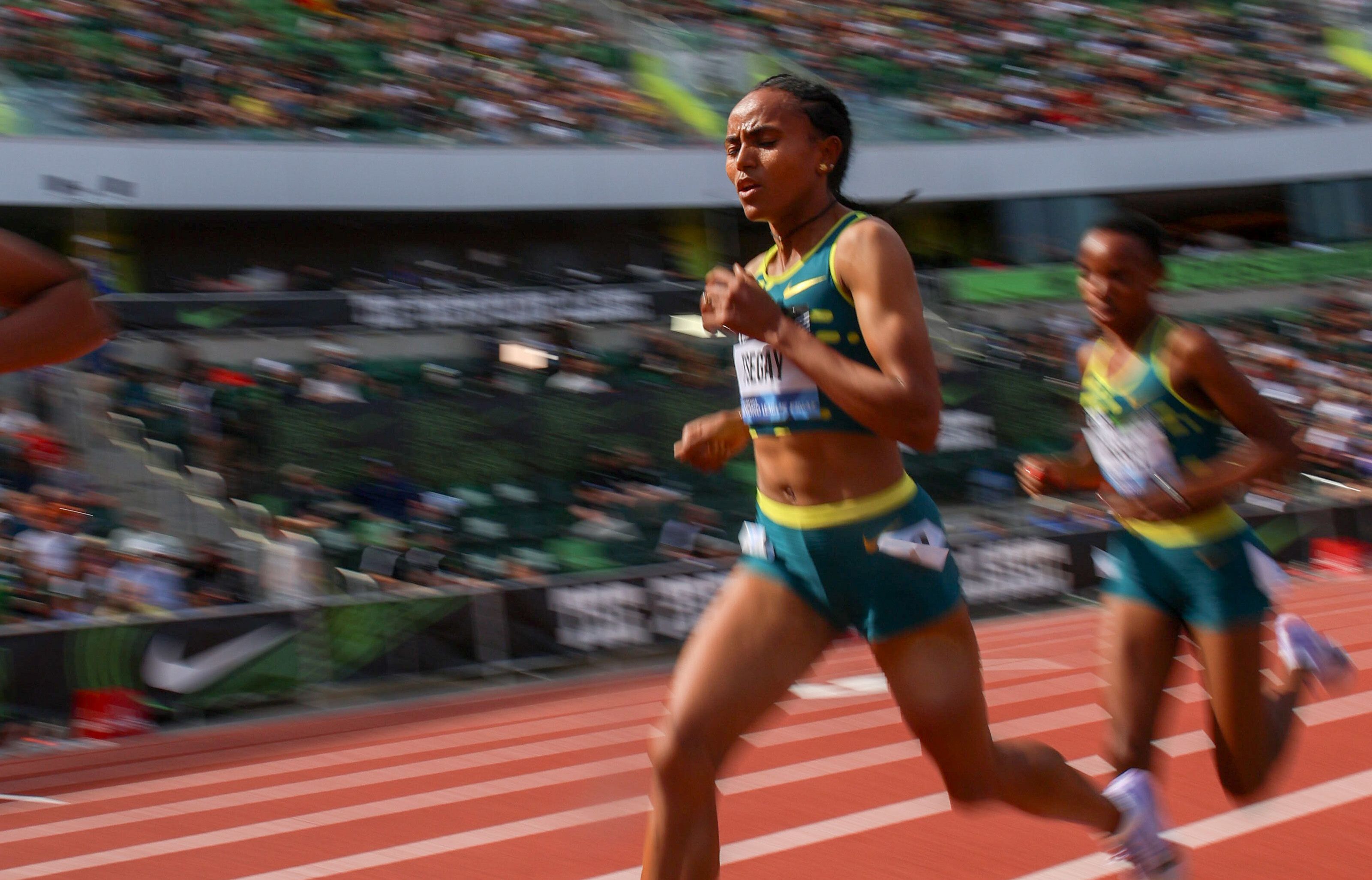 Gudaf Tsegay on her way to a world 5000m record in Eugene