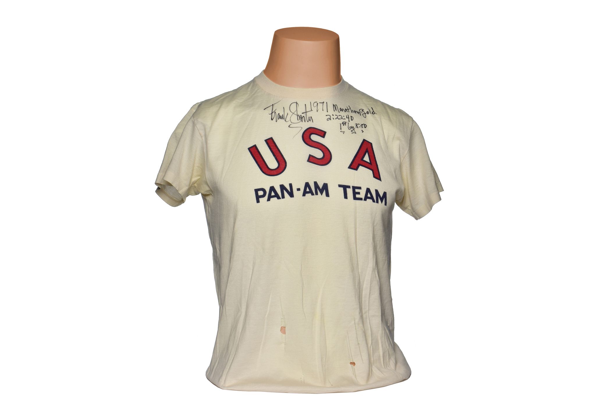 Frank Shorter's signed t-shirt from the 1971 Pan American Games