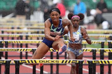 Jasmine Camacho-Quinn at the 2021 USATF Grand Prix in Eugene (Kirby Lee)