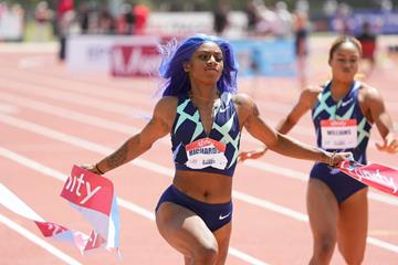 Sha'Carri Richardson wins the 100m at the USATF Golden Games at Mt SAC (Kirby Lee)