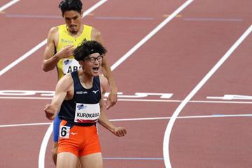 Kazuki Kurokawa wins the 400m hurdles at the Ready Steady Tokyo meeting (JAAF)