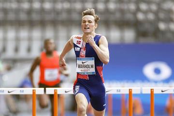 Karsten Warholm en route to the ISTAF meeting record (AFP/Getty Images)